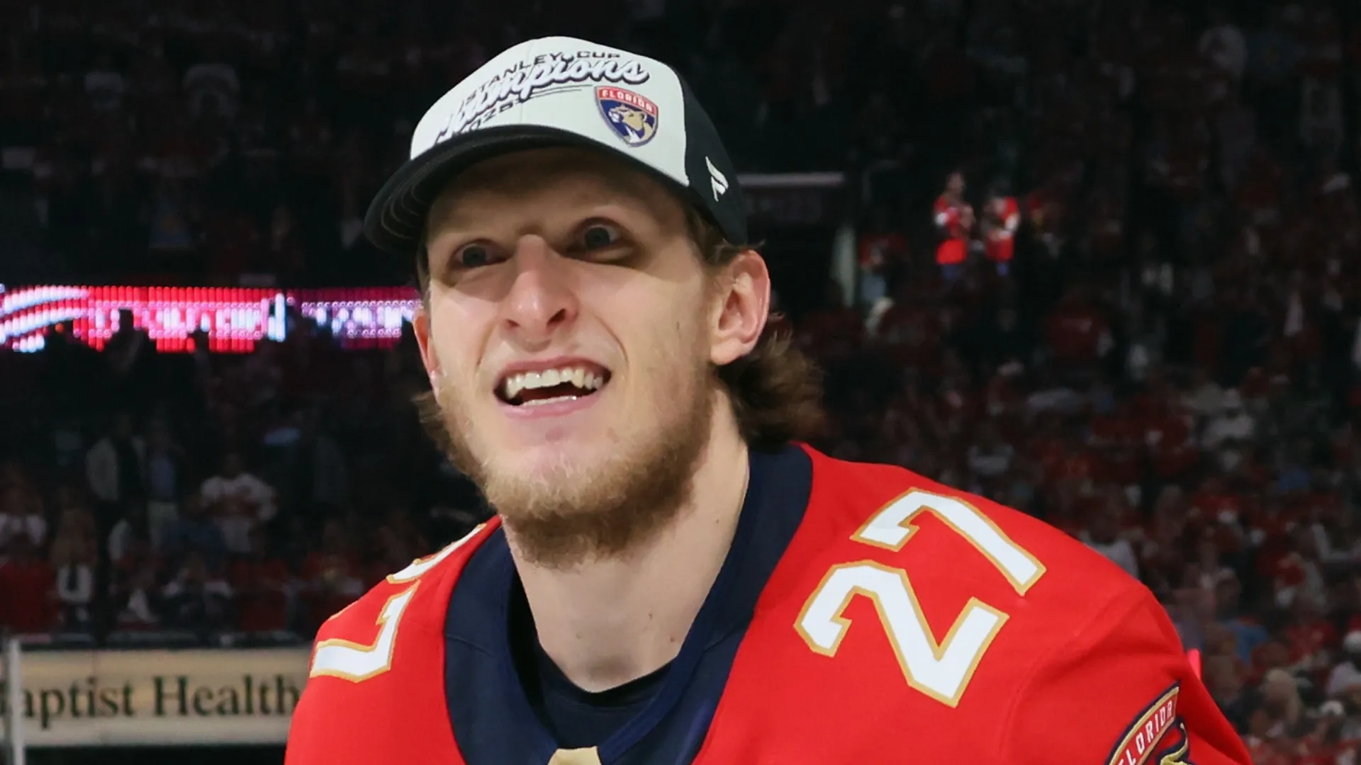 Eetu Luostarinen celebrates after winning the Stanley Cup in 2025