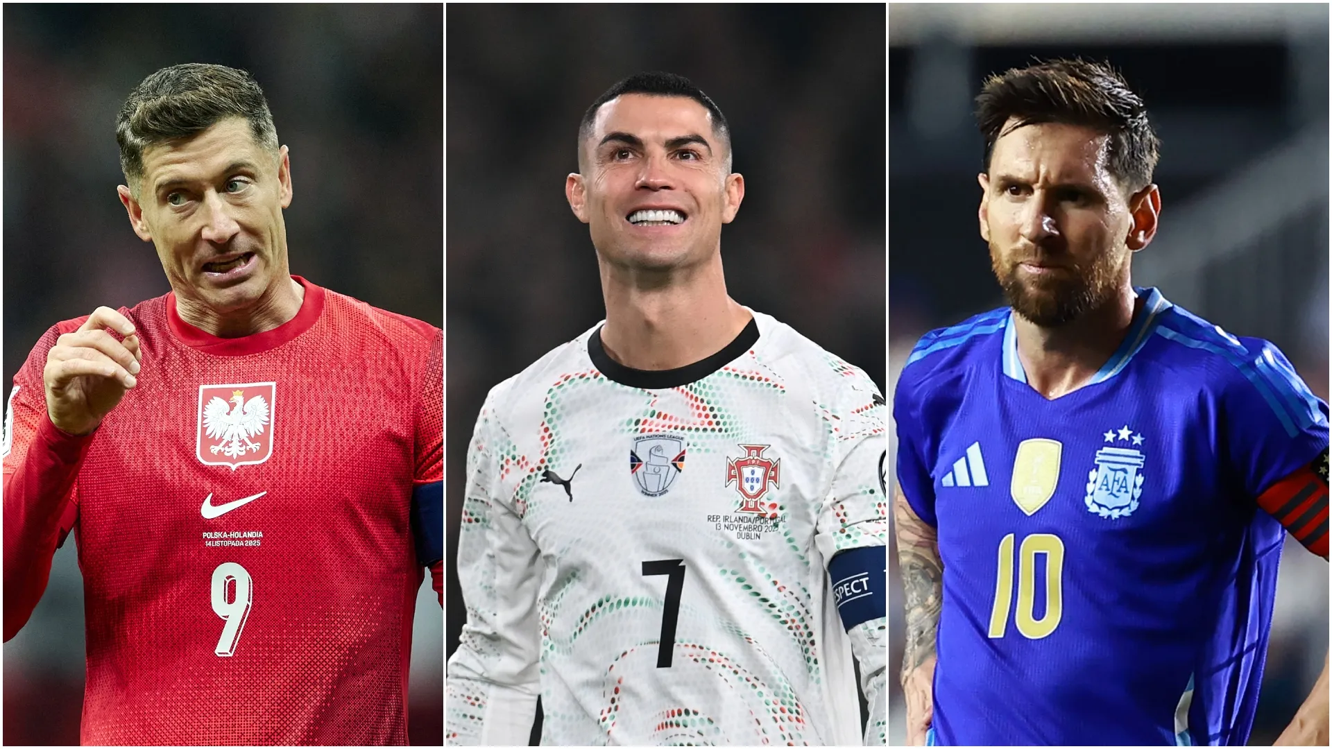 Lewandowski (kiri), Ronaldo (tengah), dan Messi (kanan)