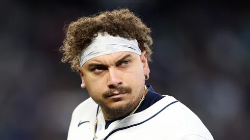 Josh Naylor reacts after grounding out on October 17, 2025 in Seattle.