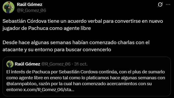 Sebastián Córdova será refuerzo de Pachuca. (X @R_Gomez_06)