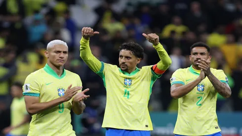 Marquinhos, da Seleção Brasileira, comemora vitória contra o Paraguai, nas Eliminatórias – Ricardo Moreira/Getty Images