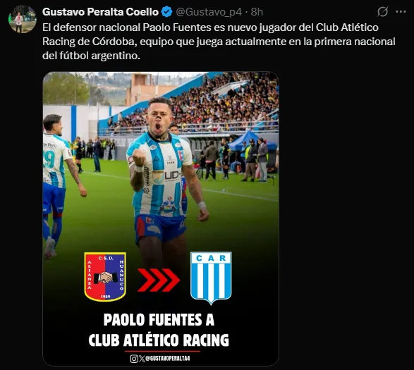 Paolo Fuentes fichó por Racing de Córdoba (Foto: X).
