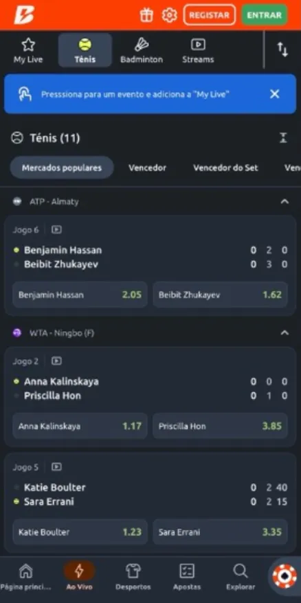 Captura de ecrã da seção de apostas desportivas na aplicação Betano.