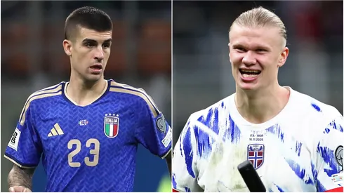 Gianluca Mancini (R) of Italy and Erling Haaland (R) of Norway.