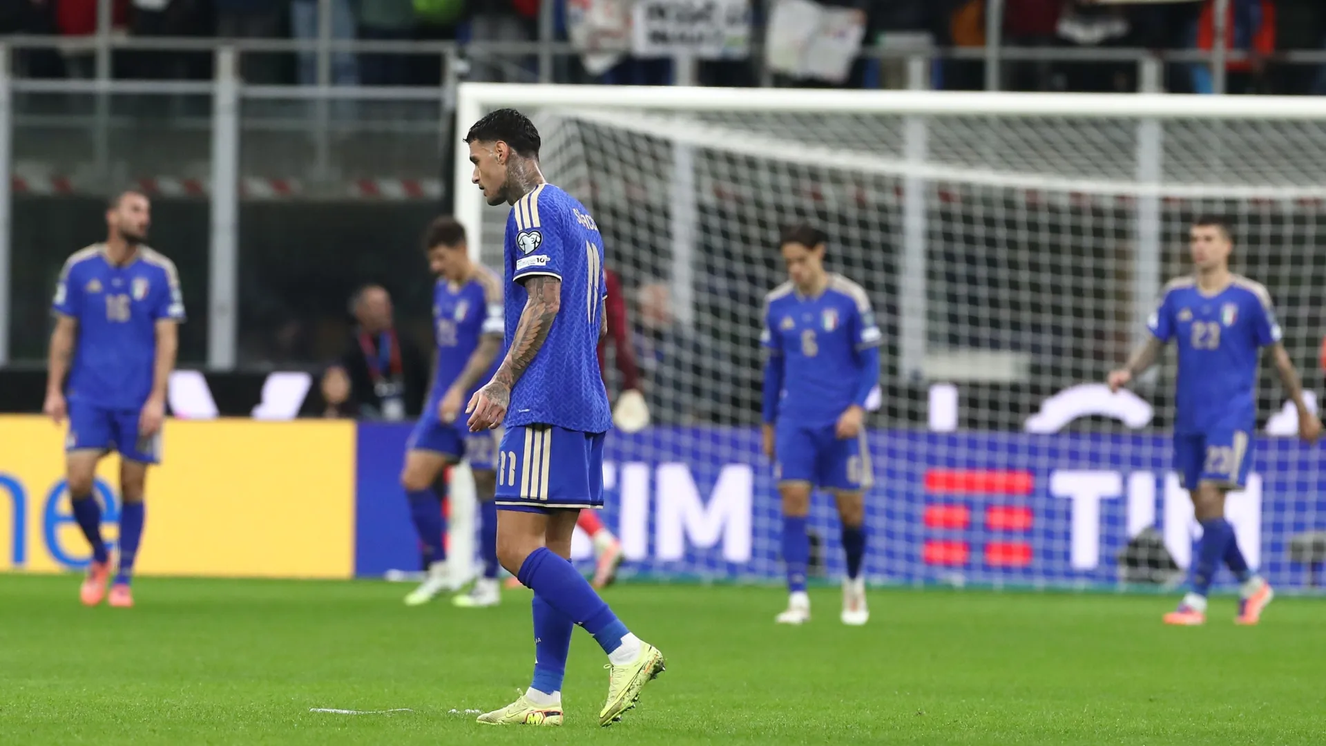 Gianluca Scamacca of Italy shows his dejection during Norway's game.