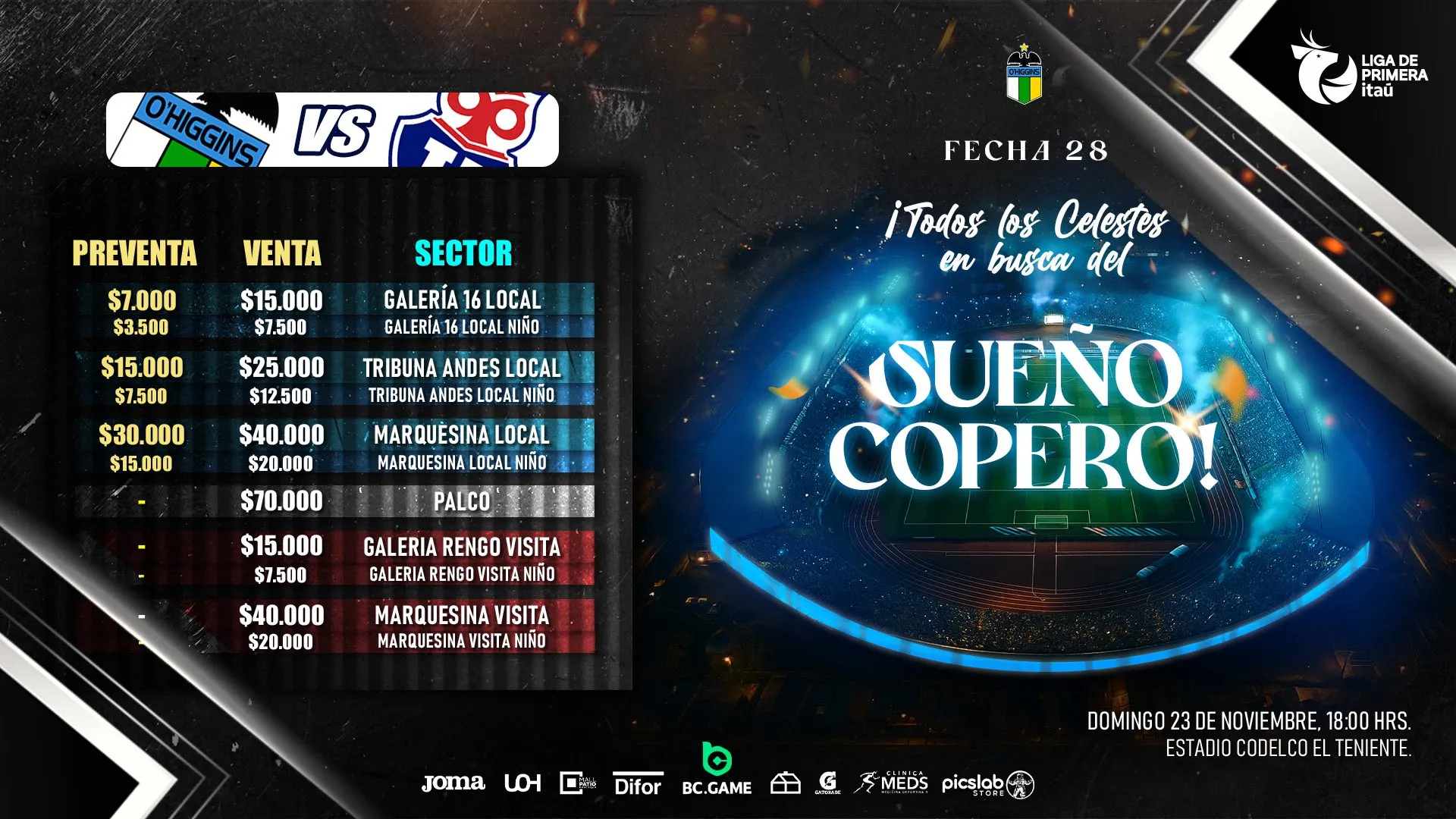 El precio de las entradas para el O'Higgins vs Universidad de Chile de este domingo.